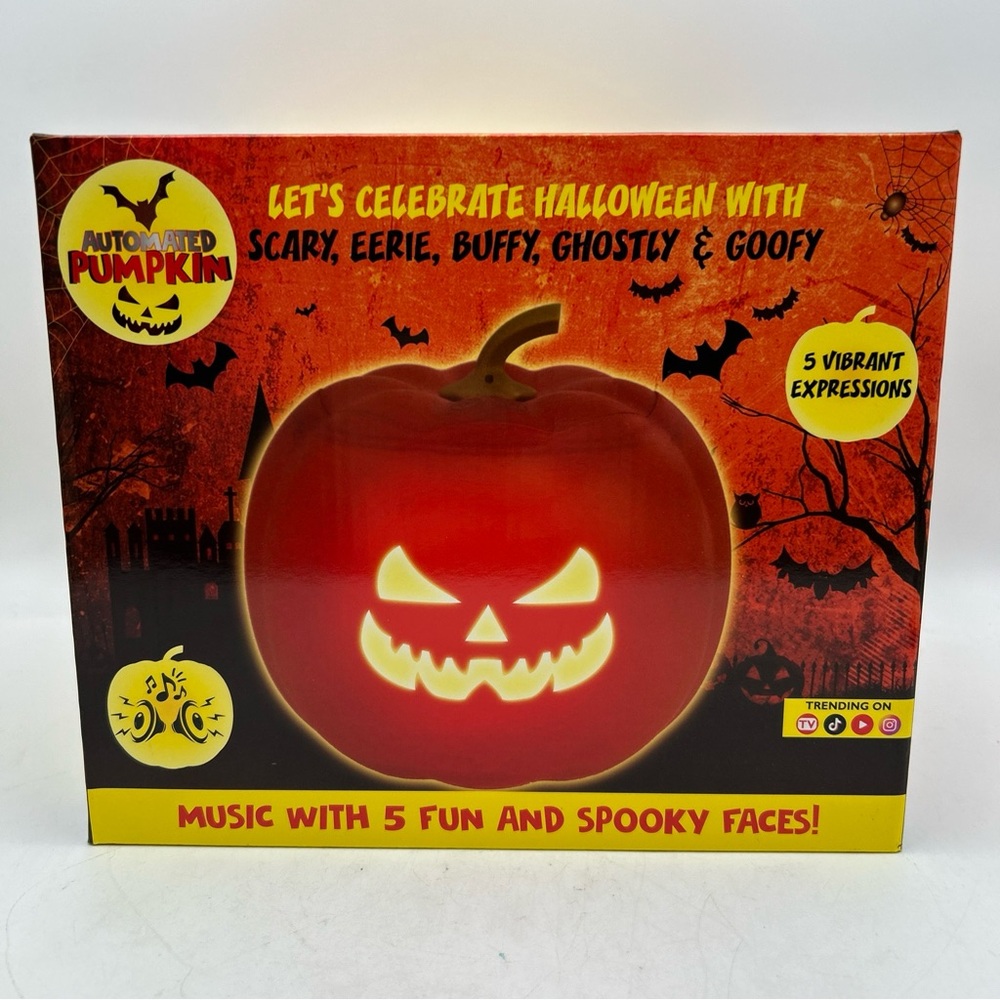 Halloween LED Pumpkin w/Speakers,Halloween Music 5-Fun & Spooky Faces 7.5x8.5”